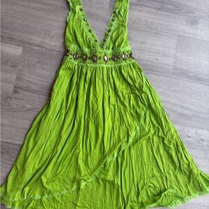Lucy Collection Green Beaded Embroidered Strappy Sleeveless Cotton Sundress S